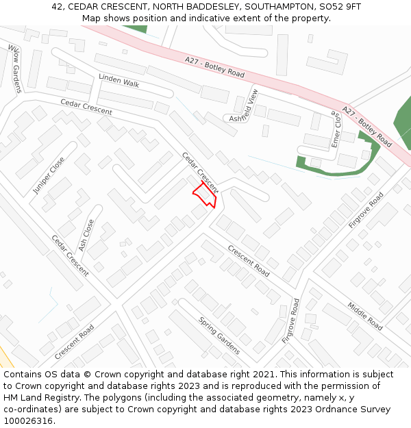 42, CEDAR CRESCENT, NORTH BADDESLEY, SOUTHAMPTON, SO52 9FT: Location map and indicative extent of plot