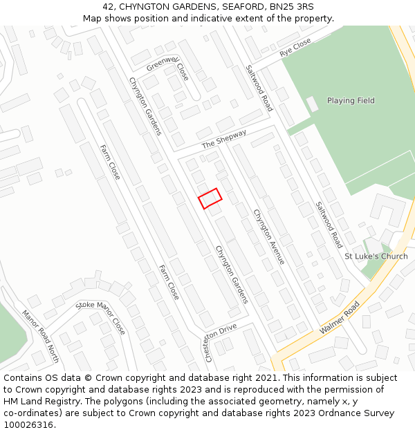 42, CHYNGTON GARDENS, SEAFORD, BN25 3RS: Location map and indicative extent of plot