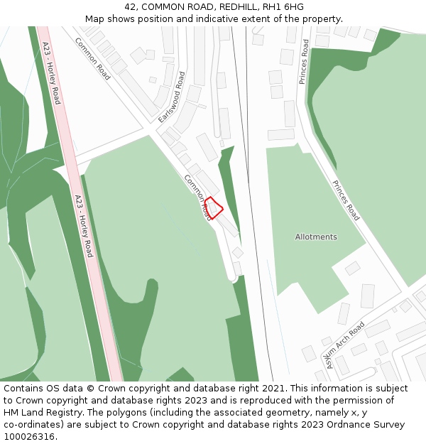 42, COMMON ROAD, REDHILL, RH1 6HG: Location map and indicative extent of plot