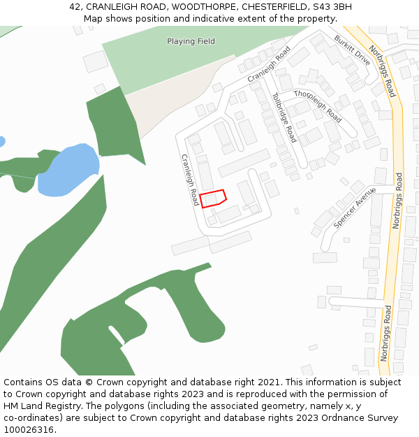 42, CRANLEIGH ROAD, WOODTHORPE, CHESTERFIELD, S43 3BH: Location map and indicative extent of plot