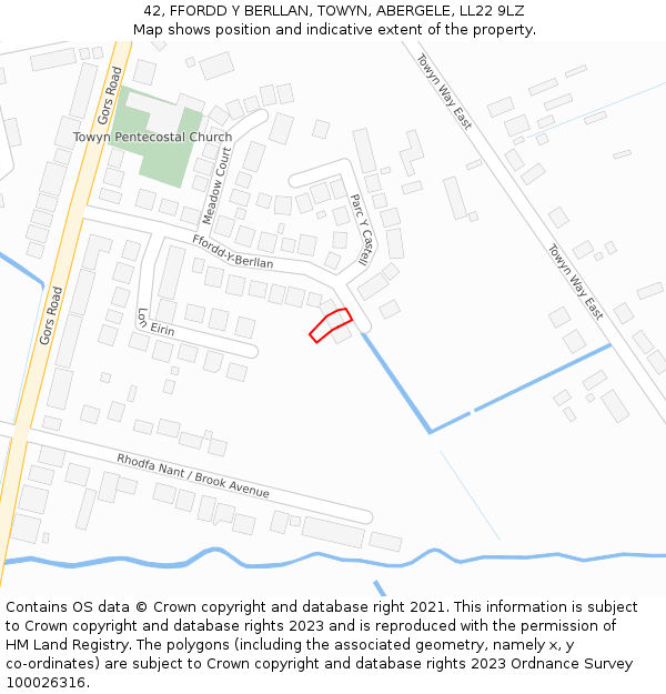 42, FFORDD Y BERLLAN, TOWYN, ABERGELE, LL22 9LZ: Location map and indicative extent of plot