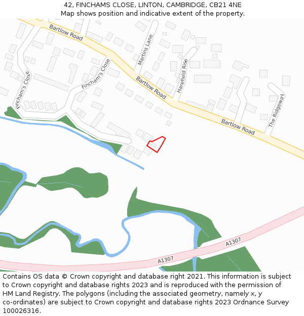 42, FINCHAMS CLOSE, LINTON, CAMBRIDGE, CB21 4NE: Location map and indicative extent of plot