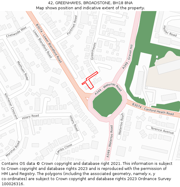 42, GREENHAYES, BROADSTONE, BH18 8NA: Location map and indicative extent of plot