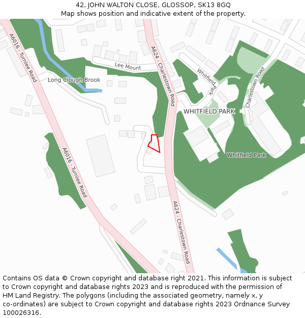 42, JOHN WALTON CLOSE, GLOSSOP, SK13 8GQ: Location map and indicative extent of plot