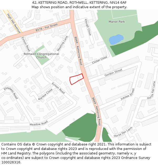 42, KETTERING ROAD, ROTHWELL, KETTERING, NN14 6AF: Location map and indicative extent of plot