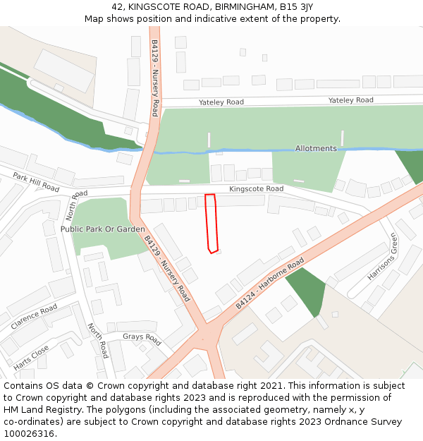 42, KINGSCOTE ROAD, BIRMINGHAM, B15 3JY: Location map and indicative extent of plot