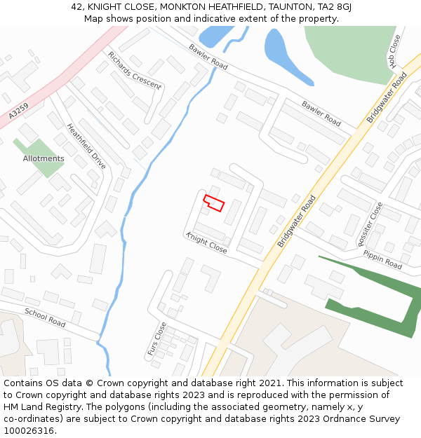 42, KNIGHT CLOSE, MONKTON HEATHFIELD, TAUNTON, TA2 8GJ: Location map and indicative extent of plot