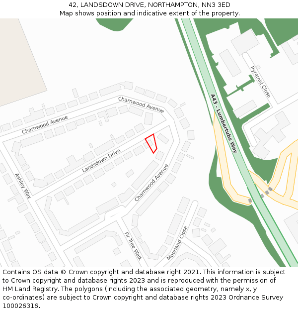 42, LANDSDOWN DRIVE, NORTHAMPTON, NN3 3ED: Location map and indicative extent of plot