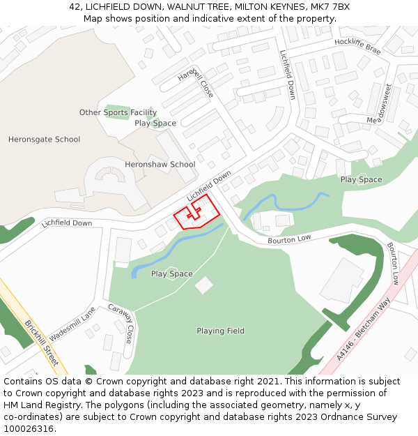 42, LICHFIELD DOWN, WALNUT TREE, MILTON KEYNES, MK7 7BX: Location map and indicative extent of plot