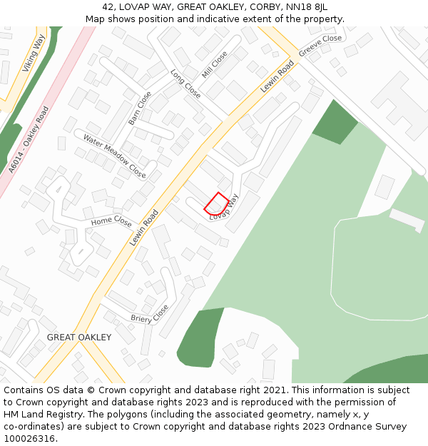 42, LOVAP WAY, GREAT OAKLEY, CORBY, NN18 8JL: Location map and indicative extent of plot