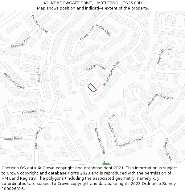 42, MEADOWGATE DRIVE, HARTLEPOOL, TS26 0RH: Location map and indicative extent of plot