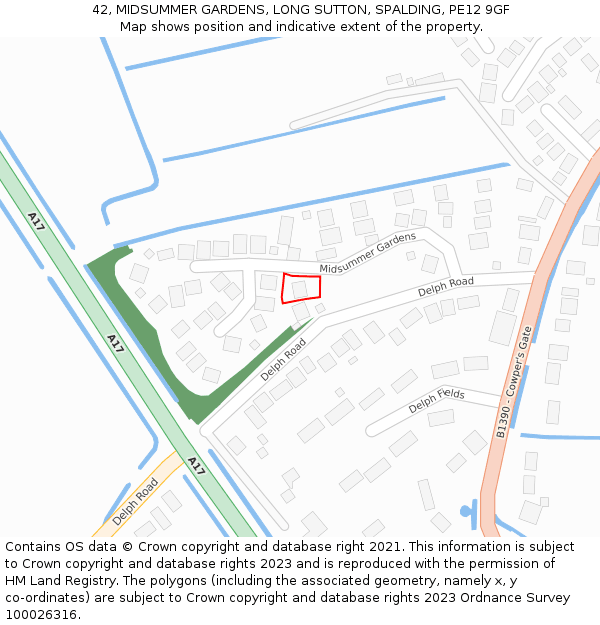 42, MIDSUMMER GARDENS, LONG SUTTON, SPALDING, PE12 9GF: Location map and indicative extent of plot