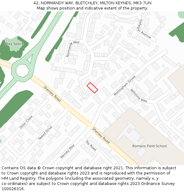 42, NORMANDY WAY, BLETCHLEY, MILTON KEYNES, MK3 7UN: Location map and indicative extent of plot