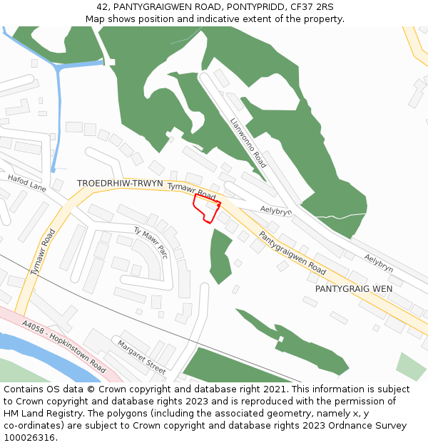 42, PANTYGRAIGWEN ROAD, PONTYPRIDD, CF37 2RS: Location map and indicative extent of plot