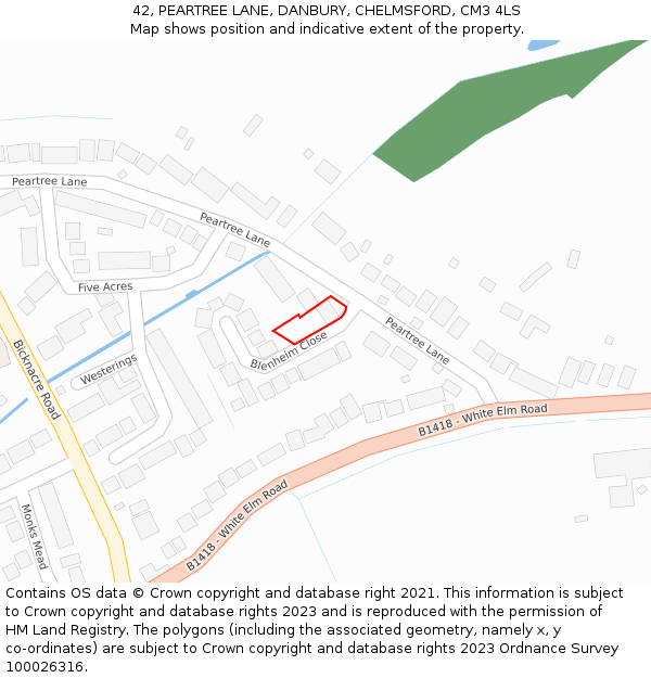 42, PEARTREE LANE, DANBURY, CHELMSFORD, CM3 4LS: Location map and indicative extent of plot