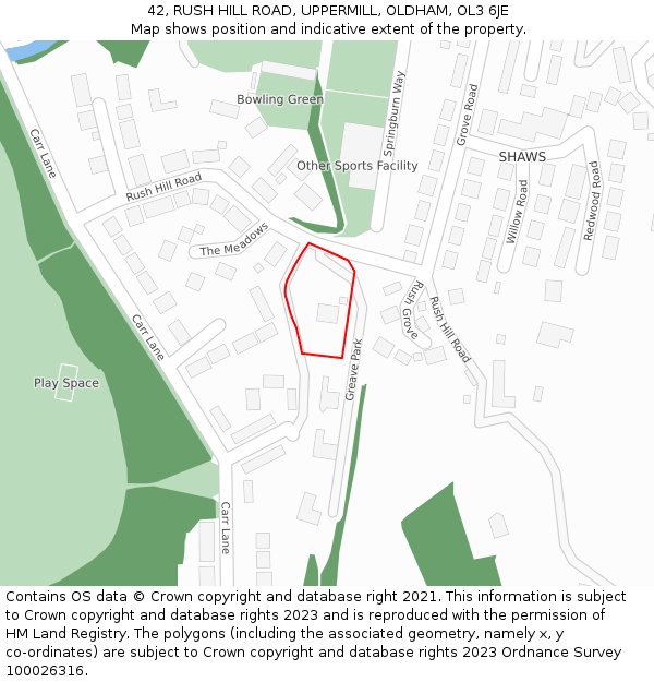 42, RUSH HILL ROAD, UPPERMILL, OLDHAM, OL3 6JE: Location map and indicative extent of plot