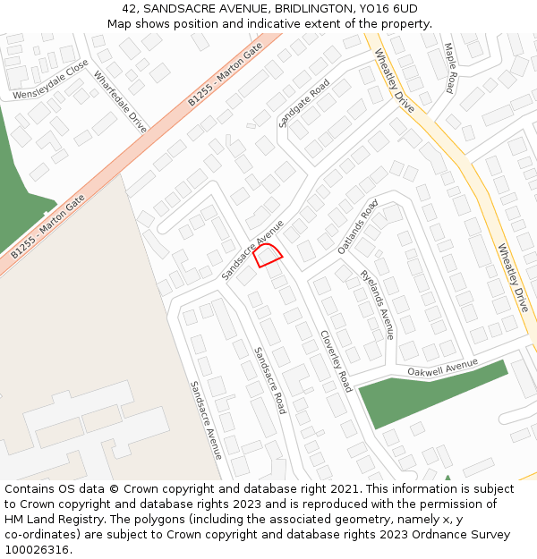 42, SANDSACRE AVENUE, BRIDLINGTON, YO16 6UD: Location map and indicative extent of plot