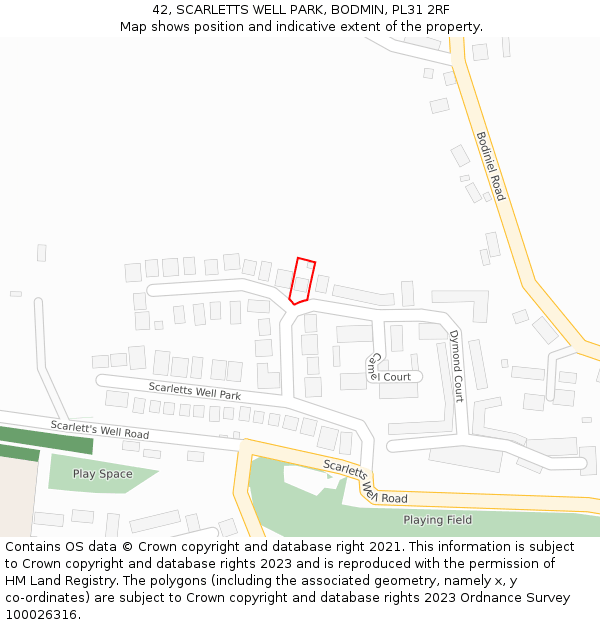 42, SCARLETTS WELL PARK, BODMIN, PL31 2RF: Location map and indicative extent of plot