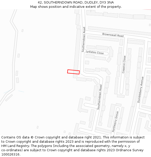 42, SOUTHERNDOWN ROAD, DUDLEY, DY3 3NA: Location map and indicative extent of plot