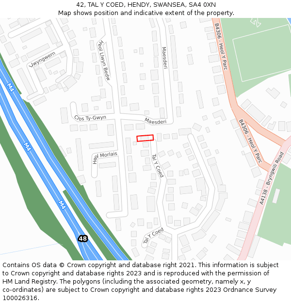 42, TAL Y COED, HENDY, SWANSEA, SA4 0XN: Location map and indicative extent of plot