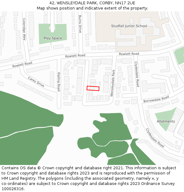 42, WENSLEYDALE PARK, CORBY, NN17 2UE: Location map and indicative extent of plot