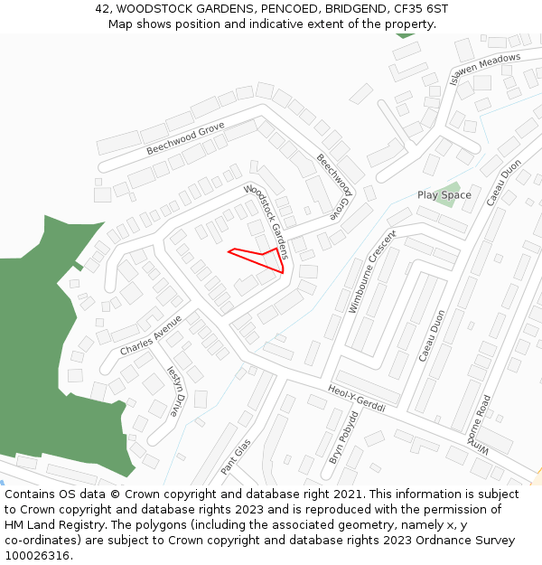 42, WOODSTOCK GARDENS, PENCOED, BRIDGEND, CF35 6ST: Location map and indicative extent of plot