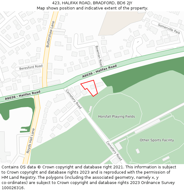 423, HALIFAX ROAD, BRADFORD, BD6 2JY: Location map and indicative extent of plot