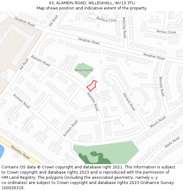 43, ALAMEIN ROAD, WILLENHALL, WV13 3TU: Location map and indicative extent of plot