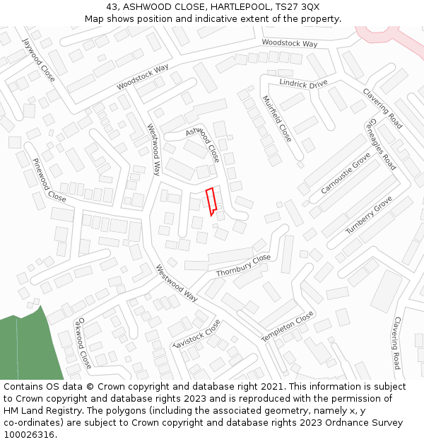 43, ASHWOOD CLOSE, HARTLEPOOL, TS27 3QX: Location map and indicative extent of plot