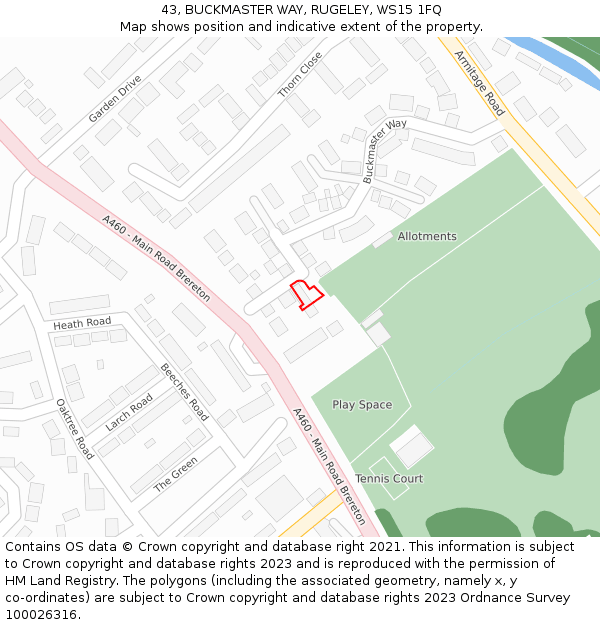 43, BUCKMASTER WAY, RUGELEY, WS15 1FQ: Location map and indicative extent of plot