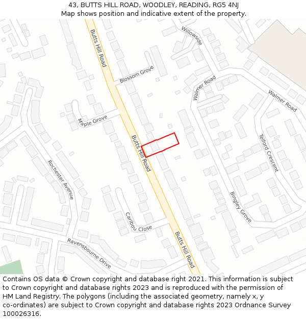 43, BUTTS HILL ROAD, WOODLEY, READING, RG5 4NJ: Location map and indicative extent of plot