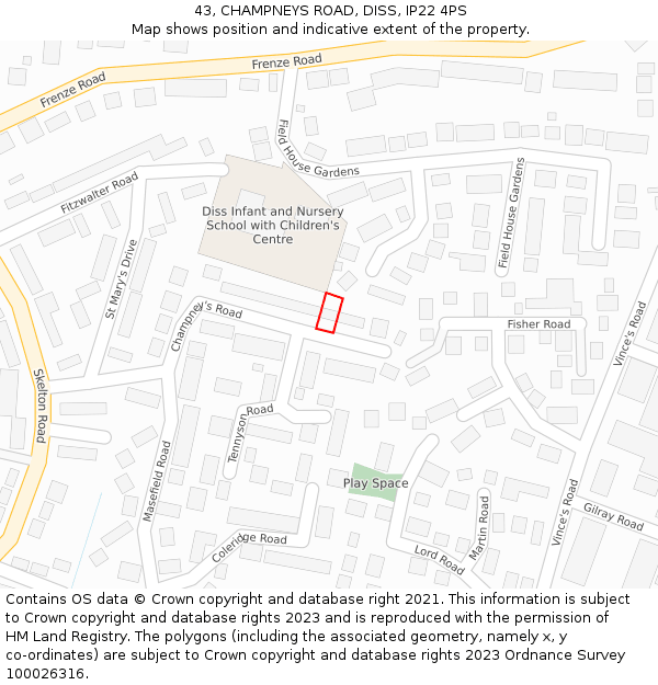 43, CHAMPNEYS ROAD, DISS, IP22 4PS: Location map and indicative extent of plot