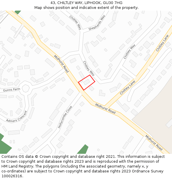 43, CHILTLEY WAY, LIPHOOK, GU30 7HG: Location map and indicative extent of plot