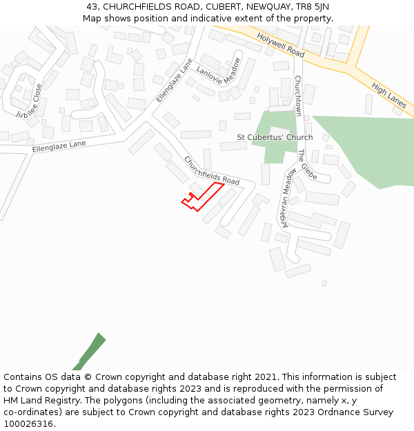 43, CHURCHFIELDS ROAD, CUBERT, NEWQUAY, TR8 5JN: Location map and indicative extent of plot