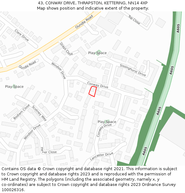 43, CONWAY DRIVE, THRAPSTON, KETTERING, NN14 4XP: Location map and indicative extent of plot