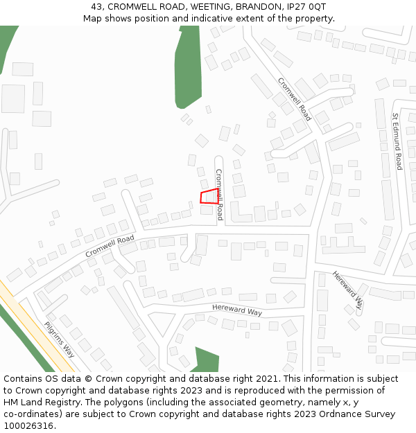 43, CROMWELL ROAD, WEETING, BRANDON, IP27 0QT: Location map and indicative extent of plot