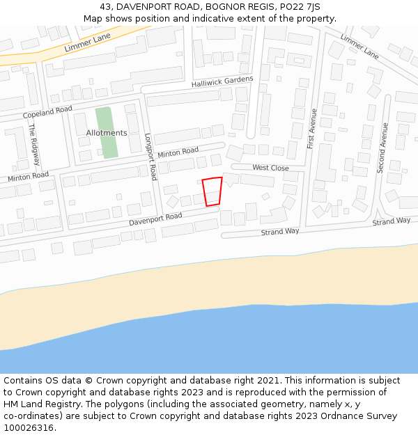 43, DAVENPORT ROAD, BOGNOR REGIS, PO22 7JS: Location map and indicative extent of plot