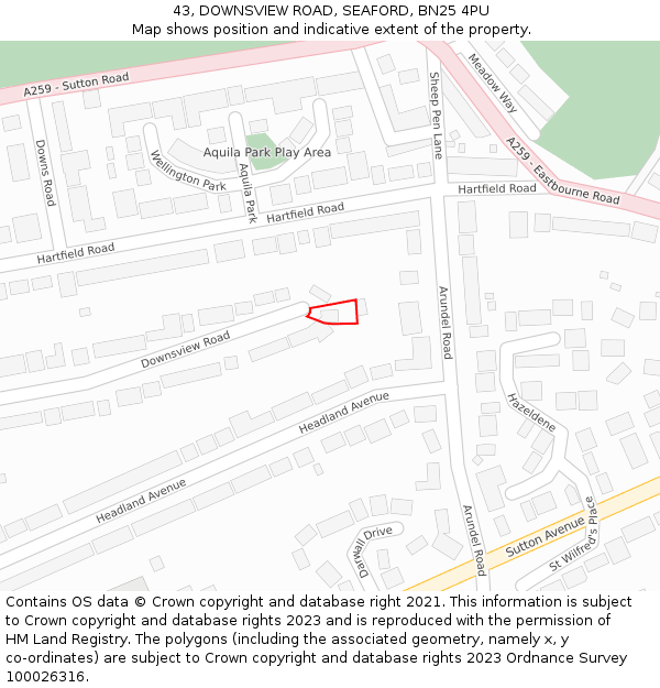 43, DOWNSVIEW ROAD, SEAFORD, BN25 4PU: Location map and indicative extent of plot