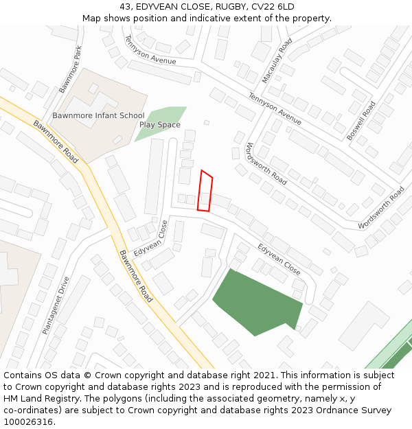 43, EDYVEAN CLOSE, RUGBY, CV22 6LD: Location map and indicative extent of plot