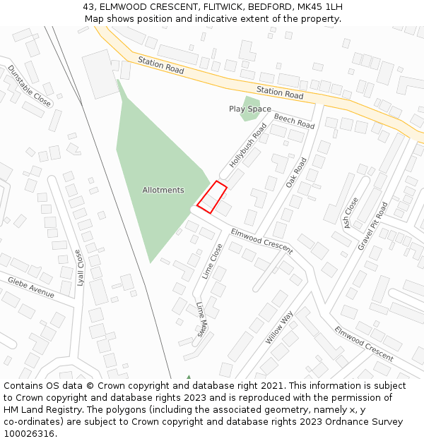 43, ELMWOOD CRESCENT, FLITWICK, BEDFORD, MK45 1LH: Location map and indicative extent of plot