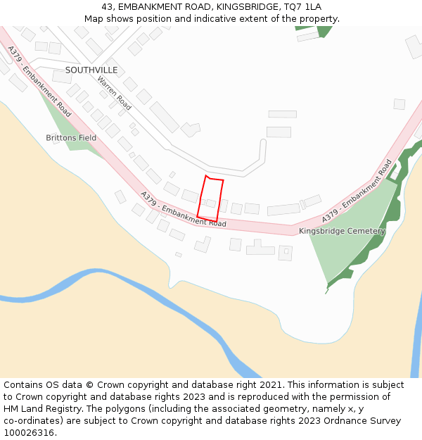 43, EMBANKMENT ROAD, KINGSBRIDGE, TQ7 1LA: Location map and indicative extent of plot