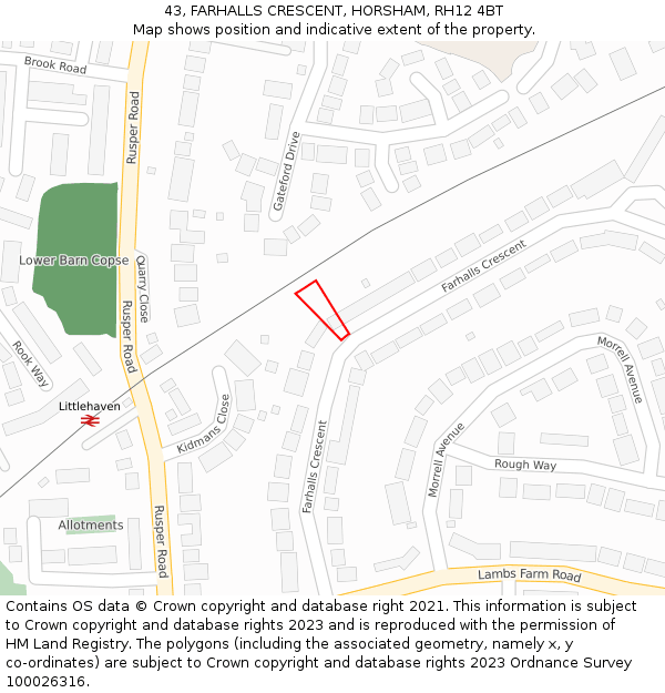 43, FARHALLS CRESCENT, HORSHAM, RH12 4BT: Location map and indicative extent of plot