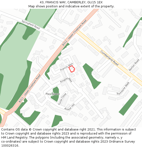 43, FRANCIS WAY, CAMBERLEY, GU15 1EX: Location map and indicative extent of plot