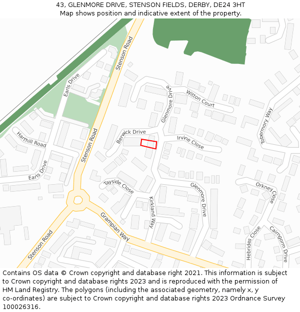 43, GLENMORE DRIVE, STENSON FIELDS, DERBY, DE24 3HT: Location map and indicative extent of plot