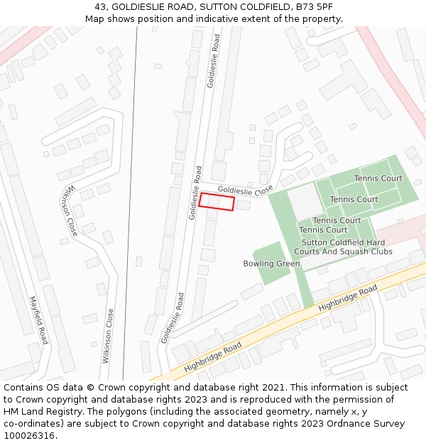 43, GOLDIESLIE ROAD, SUTTON COLDFIELD, B73 5PF: Location map and indicative extent of plot