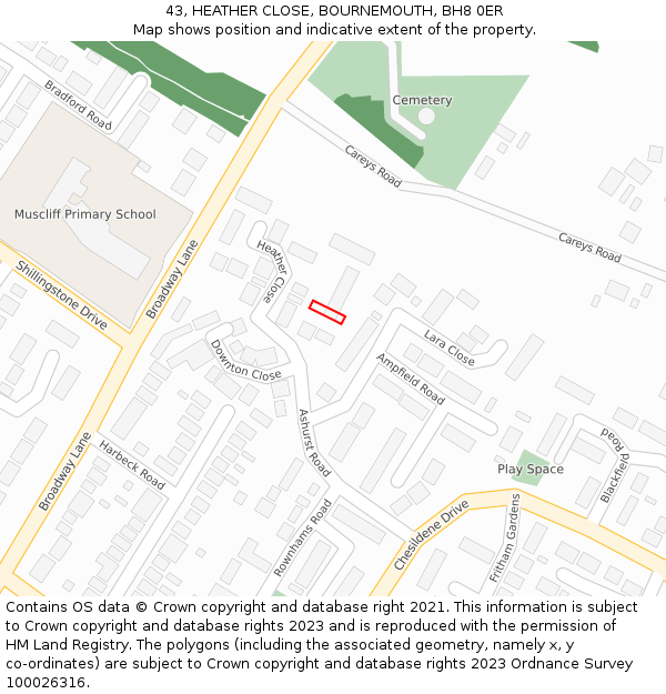 43, HEATHER CLOSE, BOURNEMOUTH, BH8 0ER: Location map and indicative extent of plot