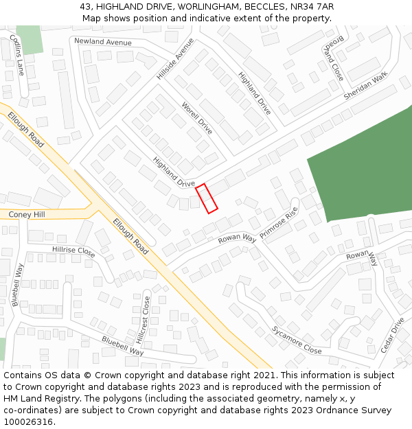 43, HIGHLAND DRIVE, WORLINGHAM, BECCLES, NR34 7AR: Location map and indicative extent of plot