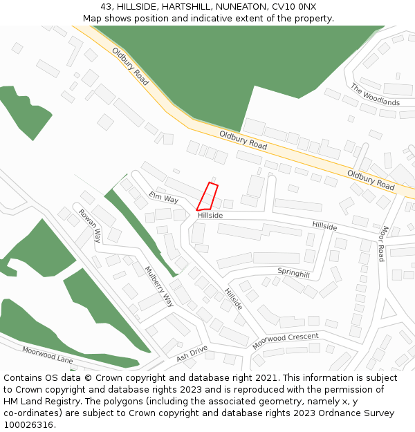 43, HILLSIDE, HARTSHILL, NUNEATON, CV10 0NX: Location map and indicative extent of plot