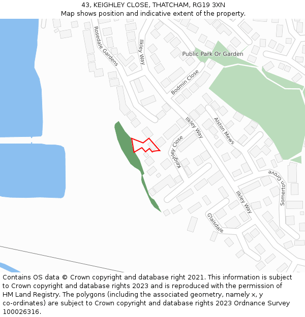 43, KEIGHLEY CLOSE, THATCHAM, RG19 3XN: Location map and indicative extent of plot