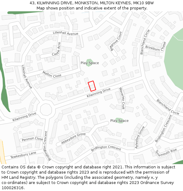 43, KILWINNING DRIVE, MONKSTON, MILTON KEYNES, MK10 9BW: Location map and indicative extent of plot